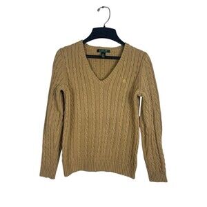 Lauren Ralph Lauren Cable Knit V-Neck Cotton Sweater Women’s S Beige Pony READ